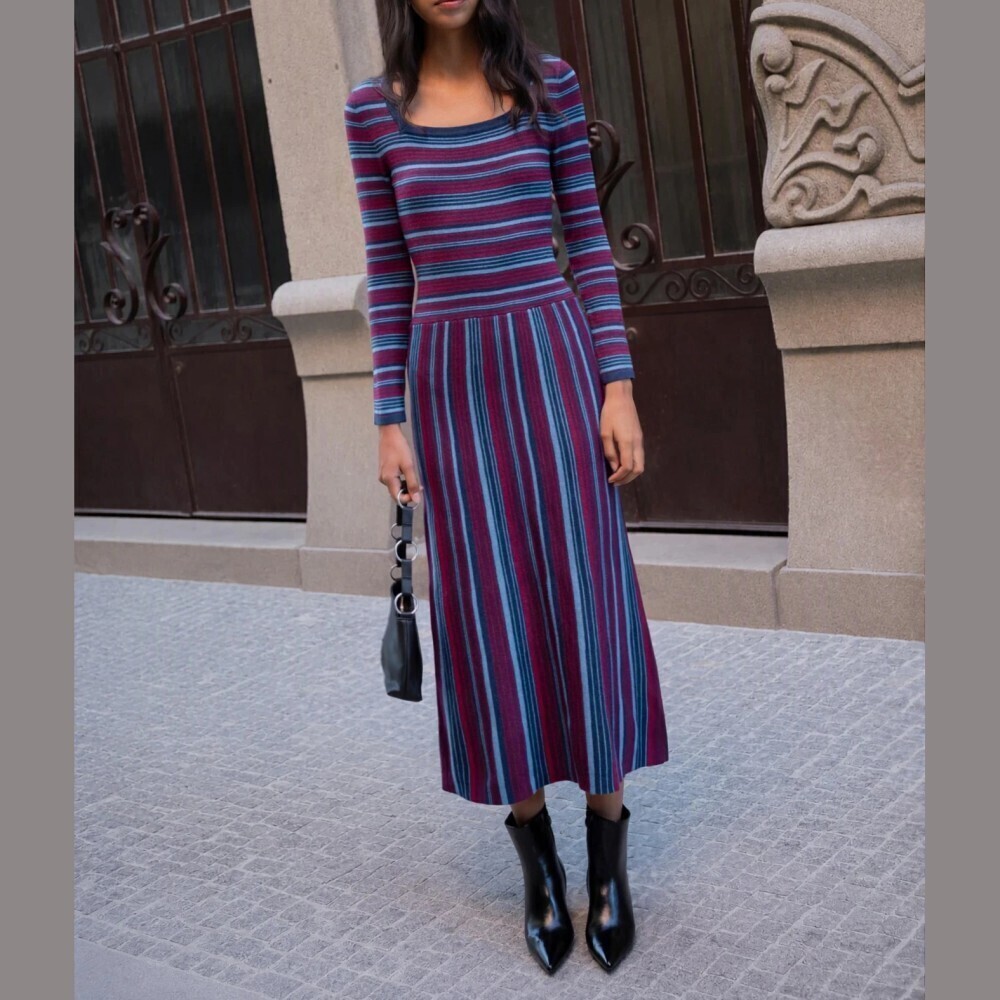 Wine Burgundy / Blue Striped Knit Square Neck Long Sleeve Sweater Maxi Dress